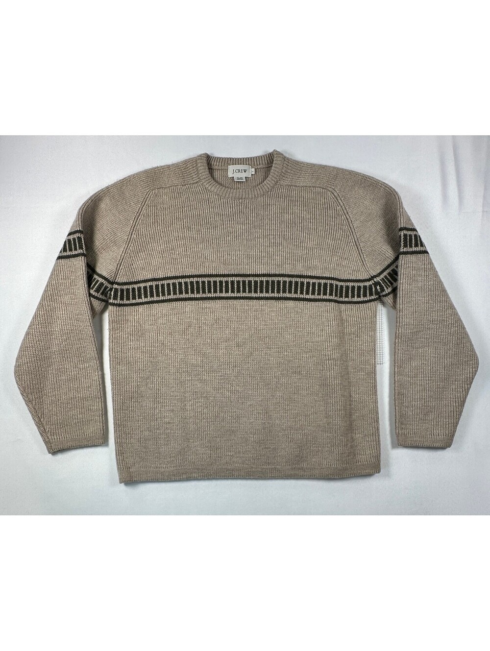 Vintage J. Crew 100% Wool Sweater Large Oatmeal Beige Stripe Geometric Knit